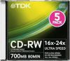 CD-RW TDK        700МБ, 80 мин., 16-24x, 5шт. Slim Case, (CD-RW700USCA5-LC), перезаписываемый компакт-диск